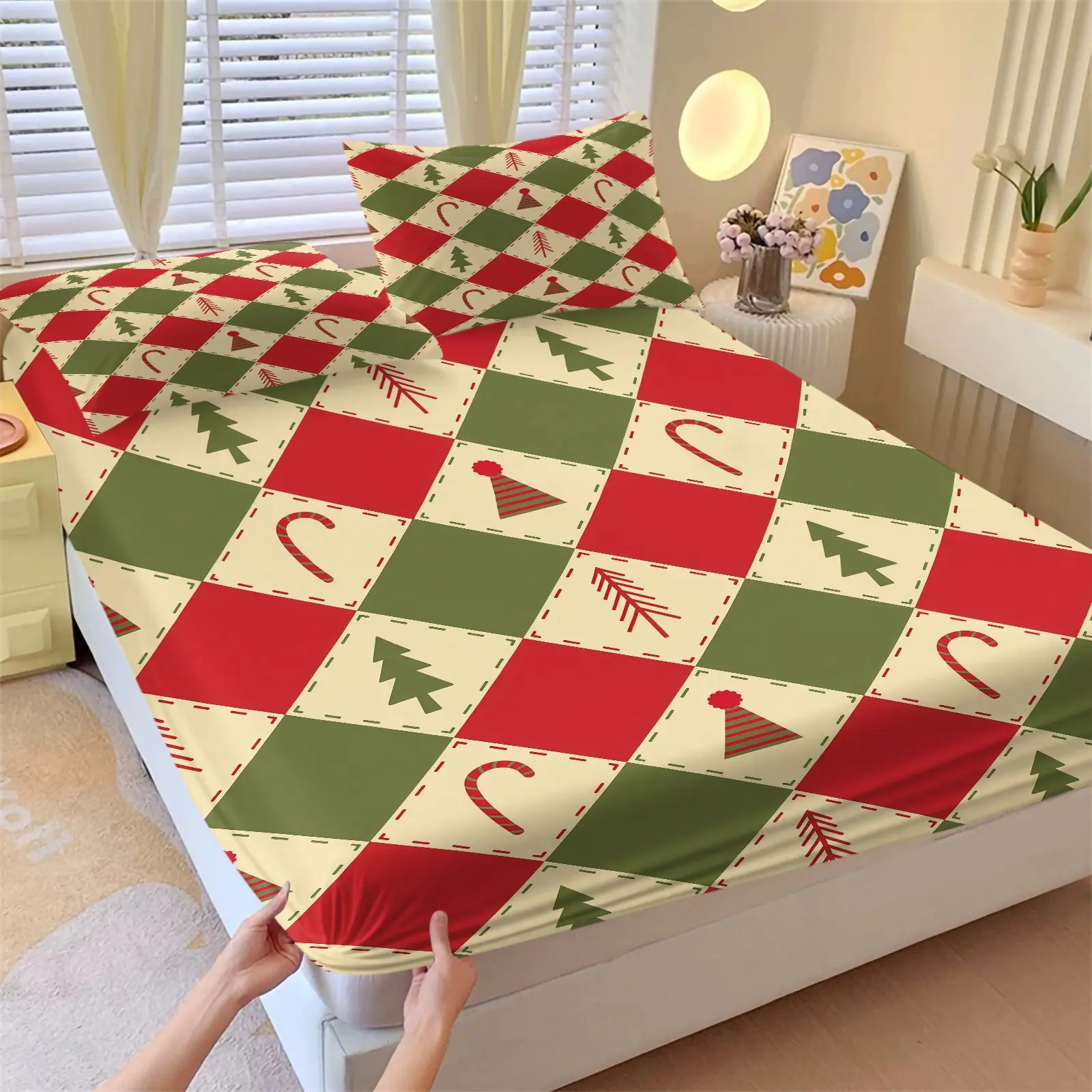 Christmas Themed Fitted Sheet with Red & Green Striped Pattern, Anti-slip, Dustproof & Soft Bedding for Bedroom & Dorm, Ideal Housewarming & Christmas Gift. Includes 1 Fitted Sheet and 2 Pillowcases, Pillow Inserts NOT INCLUDED