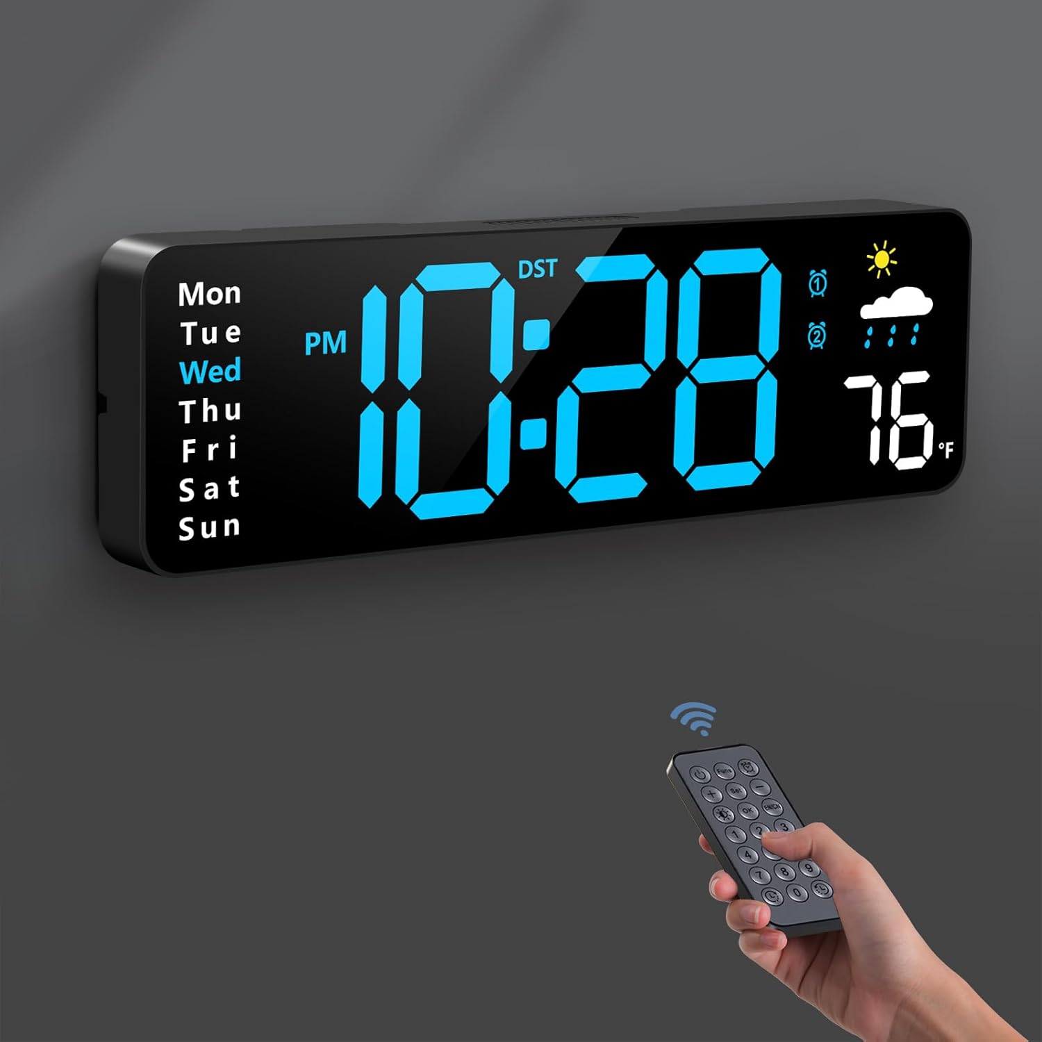 Digital Wall Clock, Digital Clock Large Display with Remote Control, Corded LED Alarm Clocks with Date, Week, Temp, Humidity, Auto DST, Countdown, Multifunctional Alarm Clock for Living Room Bedroom Classroom Office Home Goods Digital Clock Decor (Blue)