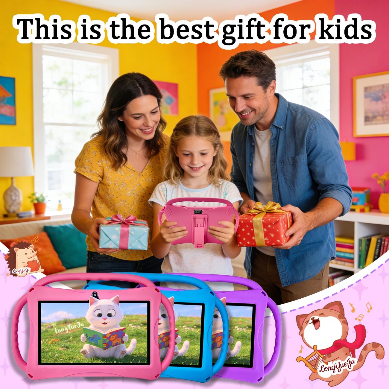 7-inch ultra light children's tablet, Childrens tablet, Toddler tablet, Kid Tablet, One handed grip for children, Anti fall silicone cover+parental whitelist control, Pre installed offline learning content for sofa/car/travel, Blue kindergarten birthday
