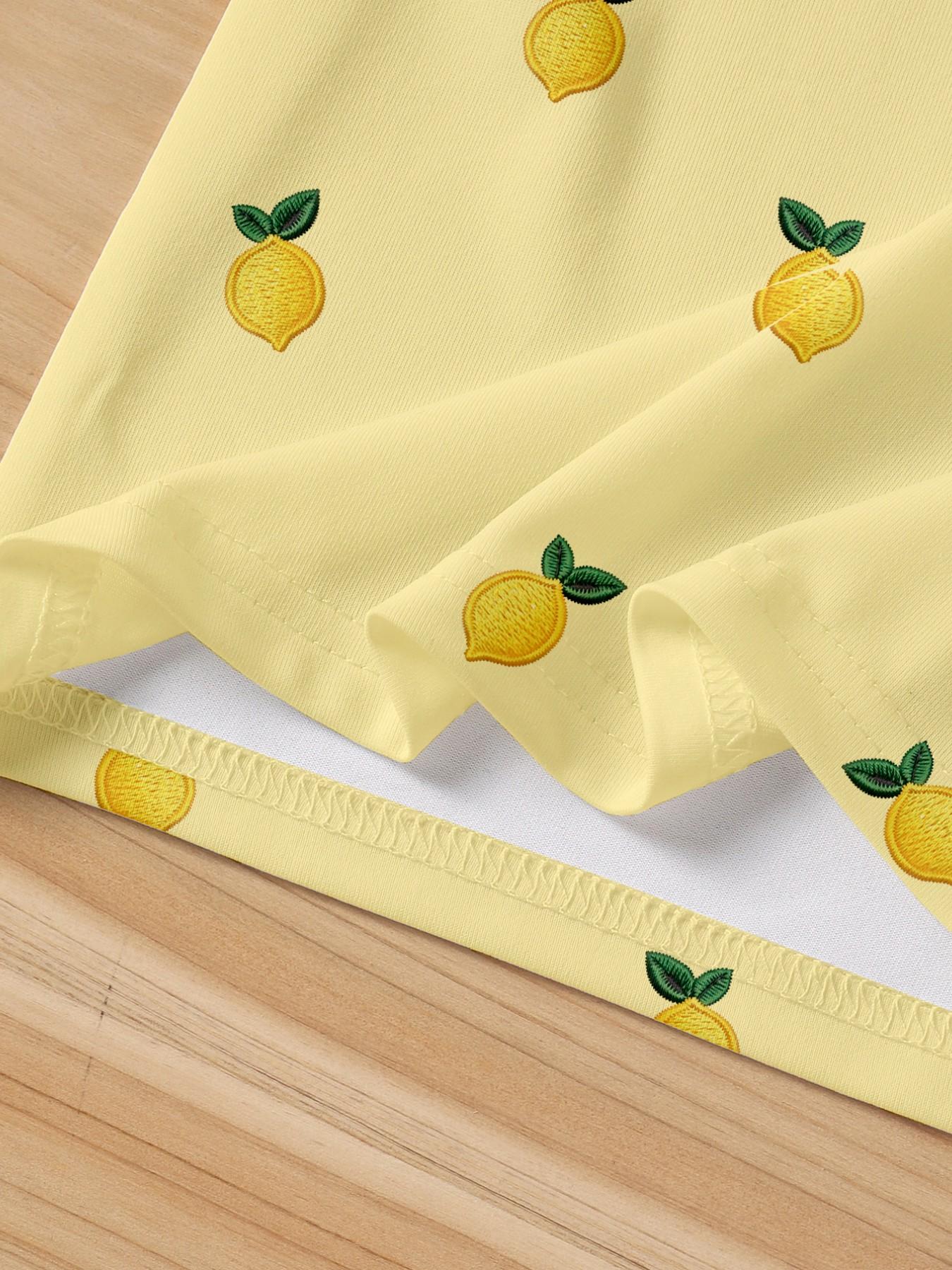 Babygirl Two-Piece Set Vacation Style Fresh Cute Lemon Print Top & Shorts Suit for Summer Outdoors, Casual Fashion for Women