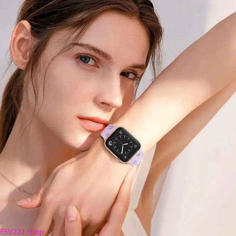 Women's Floral Engraved Soft Silicone Breathable Strap Watch Band - Sports Wearable Accessory Compatible with 38mm-49mm Sizes, Camping Essentials, Multi Sizes, Flower Print, Compatible Bands