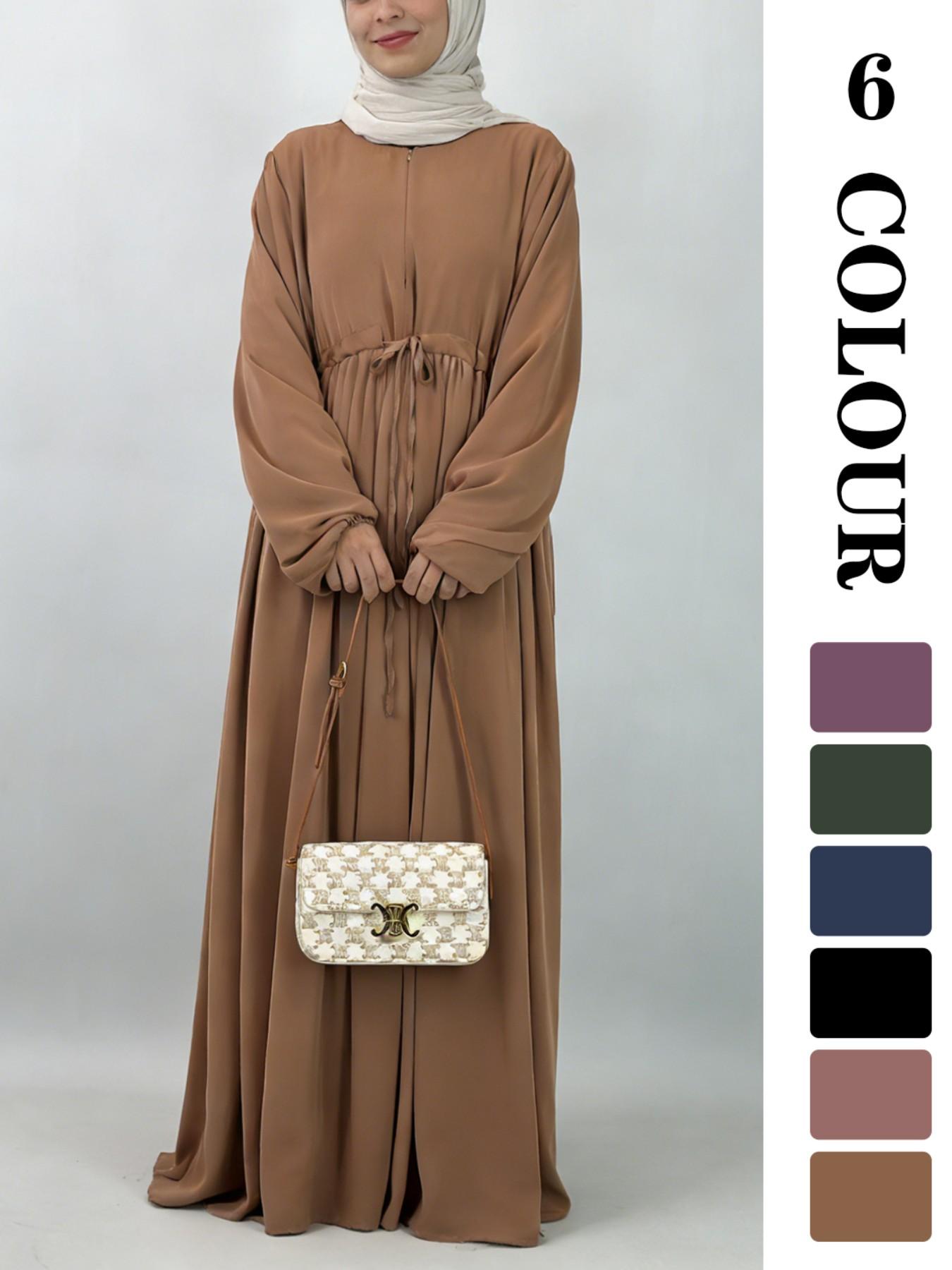 Women's Solid Color Belted Arabian Dress, Elegant Long Sleeve Round Neck Dress for Daily Wear, Ladies Islamic Clothing for All Seasons, Modest Abaya Dress