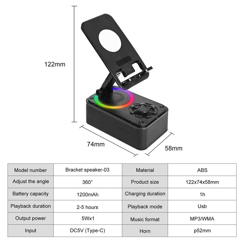[valentinesdaygift] AKLLCCR Wireless Bluetooth Speaker, 3in1 Cellphone Holder, with USB Emergency Rechargeable (1200mAh), LED Nightlight, 360° Foldable for Phone/Pad, For Home, Car, Outdoor, Gifts for Friend, Family