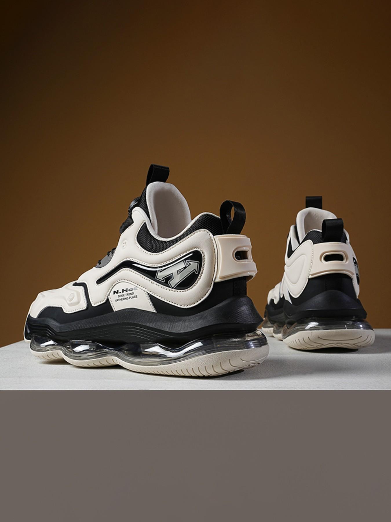 Men's Casual Sport Shoes, High-Quality High-Top Air Cushion Basketball Shoes, Rotating Button No Laces, Trendy Large Size Outdoor Student Sports Shoes