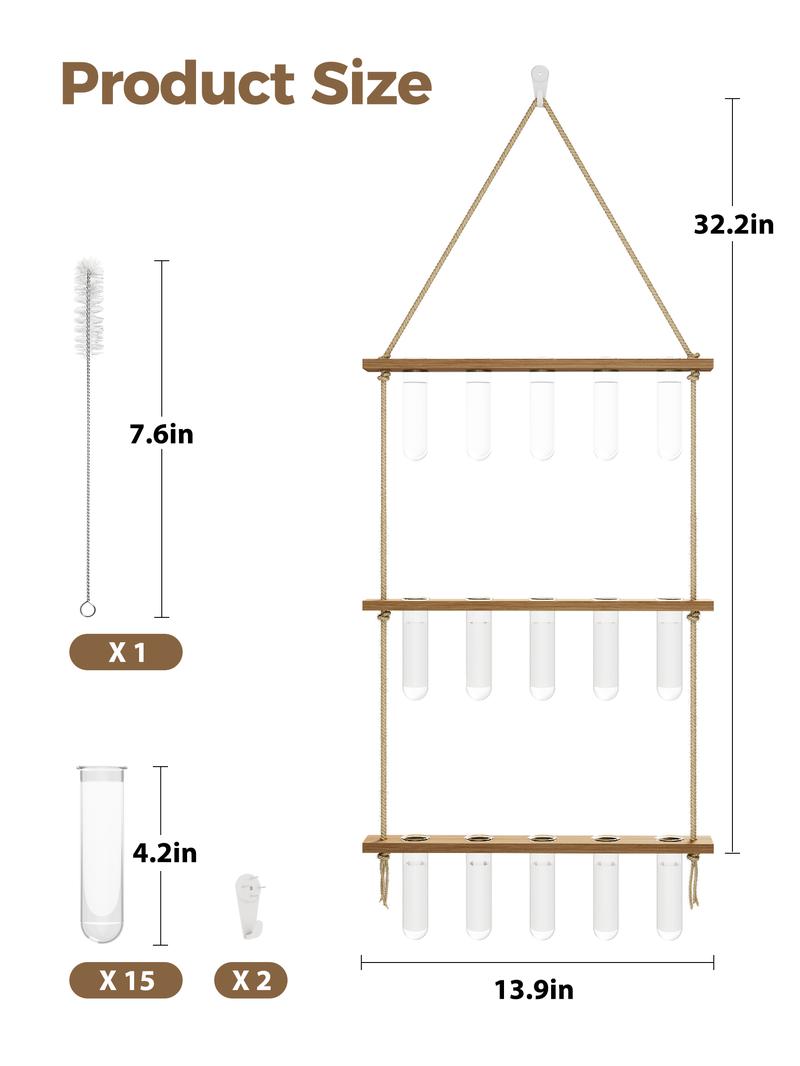 BamWorld Hanging Plant wall planter Propagation Station Glass Terrarium with 3 Tiered Wooden Stand 15 Glass Tubes for Hydroponic Plant Wall Hanging Planter Gift for Plant Lover Home Decor Bedroom Deco