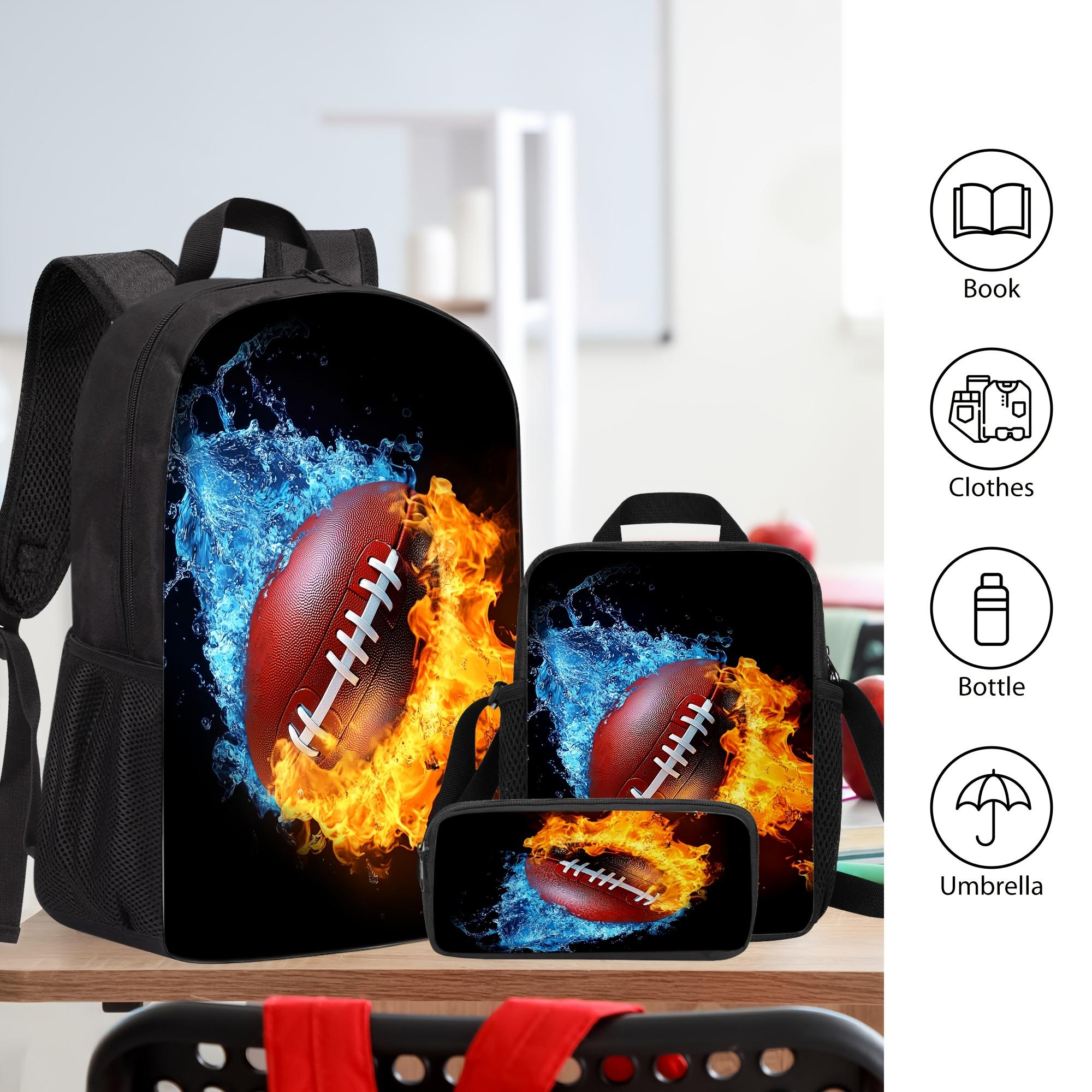 3-Piece Boys' School Backpack Set - Includes Lunch Bag & Pencil Case. Suitable for Children and Teens. Large-Capacity, Lightweight Bookbag with Laptop Compartment. Features American Football Print, Adjustable Shoulder Straps, and Dedicated Lunch Box Compa