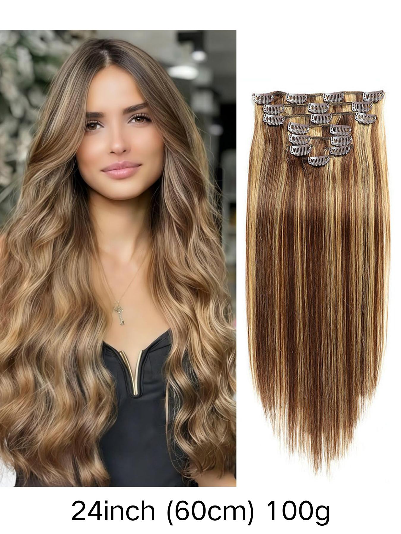 100% Human Hair Extensions, 14-24 Inches Natural Color, Invisible Clip-In Hair Pieces, Women's Hair Extension Set, Real Hair Clips, Straight Natural Hair
