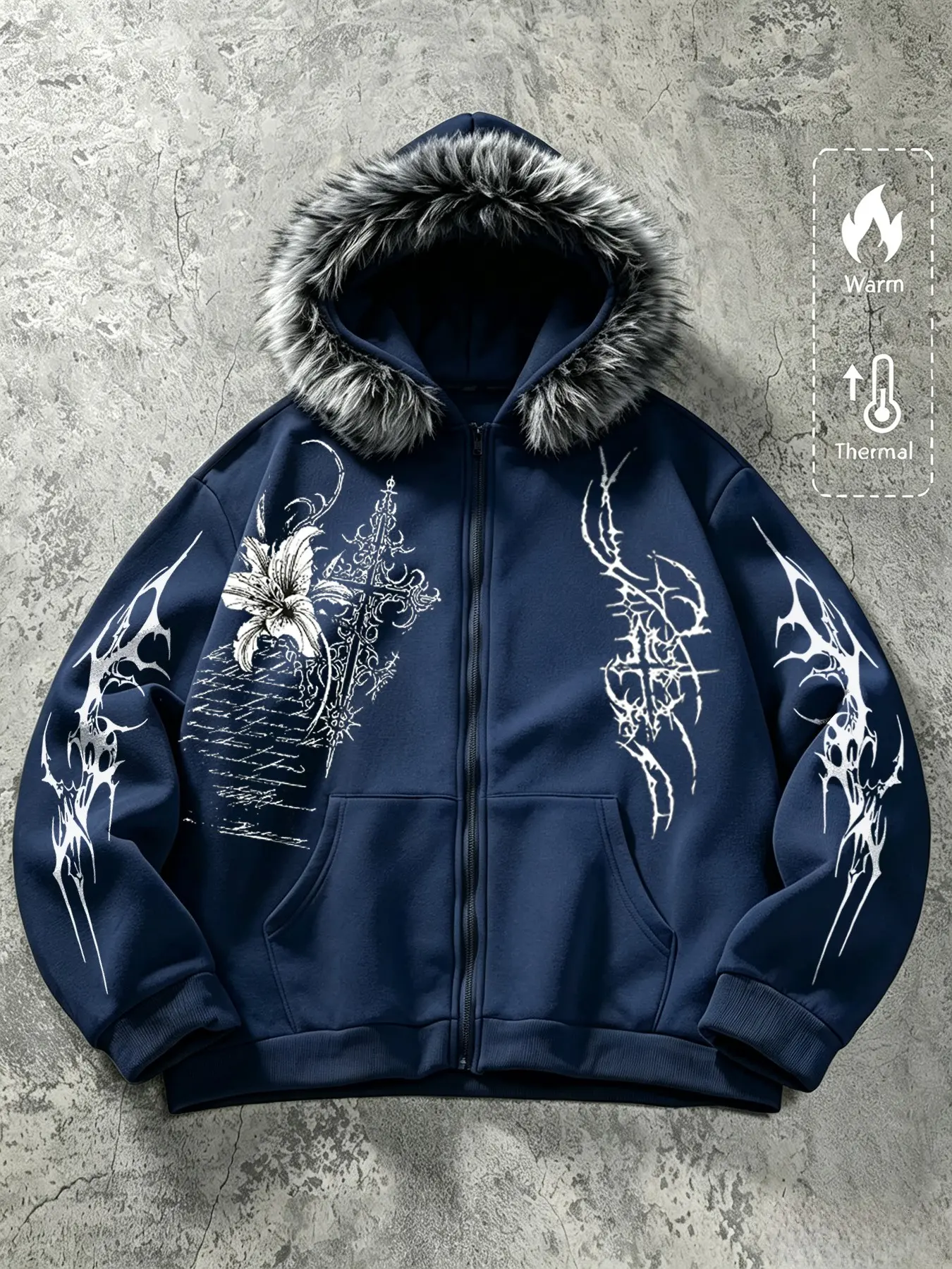Men's Faux Fur Collar Zipper Hoodie Jacket, Loose Fit Warm Gothic Cross Lily Print, Casual Street Style Outerwear, Y2K Dark Color Clothing