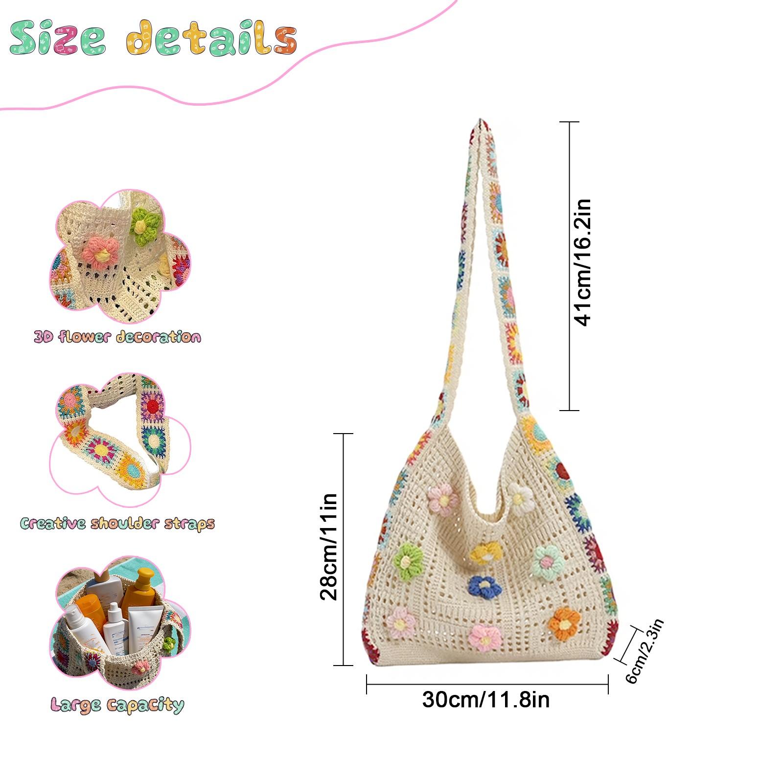 Handmade Crochet Hollow Flower Tote Bag, 5 Colors Available, Summer Fresh Weave Shoulder Bag, Beach Vacation Casual Large Capacity Crossbody Bag
