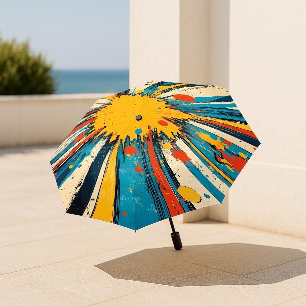 Comic Explosion Wind Resistant Foldable Automatic Umbrella Vintage Splatter Bold Colors, Functional Photo Prop, Portable 8 Ribs, Great Gift for Christmas & Valentine's Day