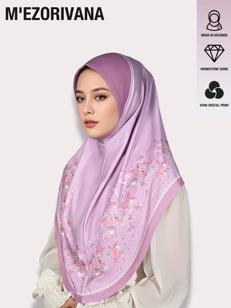 Muslim Headscarf Hijab with Bouquet Print and Gem Embellishments, Multiple Colors Available, Chiffon Fabric, Comfortable Hat Brim, Ideal for Ramadan, Modest Hijab