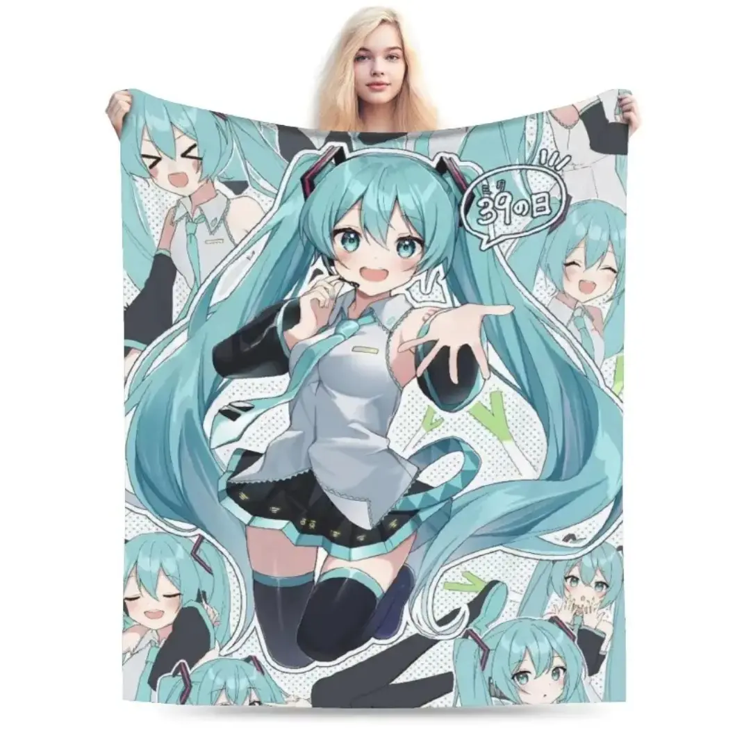 Hatsune Miku Themed Flannel Cozy Throw Blanket, Soft Fluffy Breathable Lightweight Warm Cover, Illustrated Anime Manga Cartoon Character Blanket for Bedroom Sofa Bed Home Decor, Adults Kids Japanese Anime Fans Gift, Throw Blankets, Bed Accessories