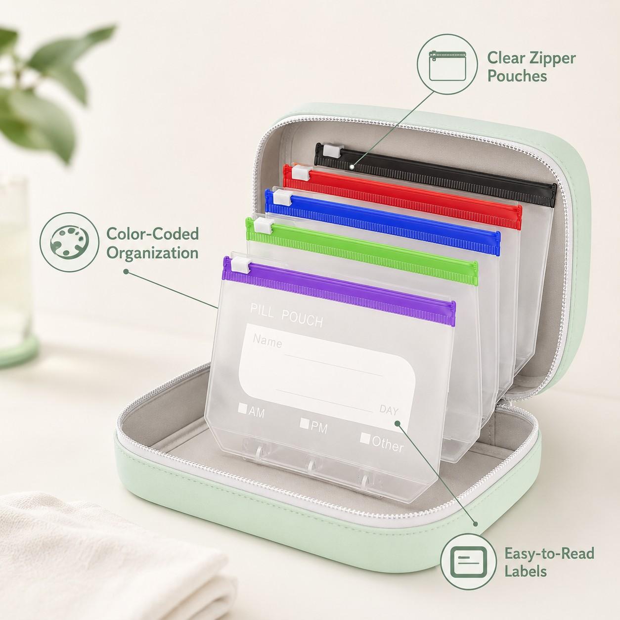 Waterproof Pill Organizer and Pouch Set, Travel Medicine Organizer with 14 Color-Coded Pouches, Leakproof Reusable Zippered Storage Case, Compact Daily Pill Holder, Portable Vitamin Organizer