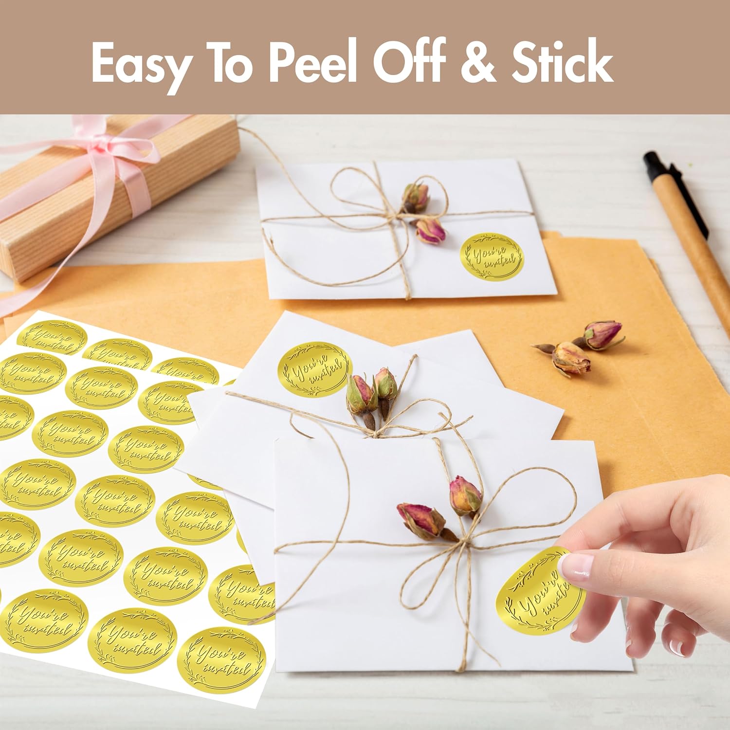 150 count You're Invited Stickers, Foil Embossed Envelop Seals, Self-Adhesive Golden Foil Stickers for Wedding Invitations, Envelopes, Cards, Present Decoration 150 count You're Invited Stickers, Foil Embossed Envelop Seals, Self-Adhesive Golden Foil Stickers for Wedding Invitations, Envelopes, Cards, Present Decoration
