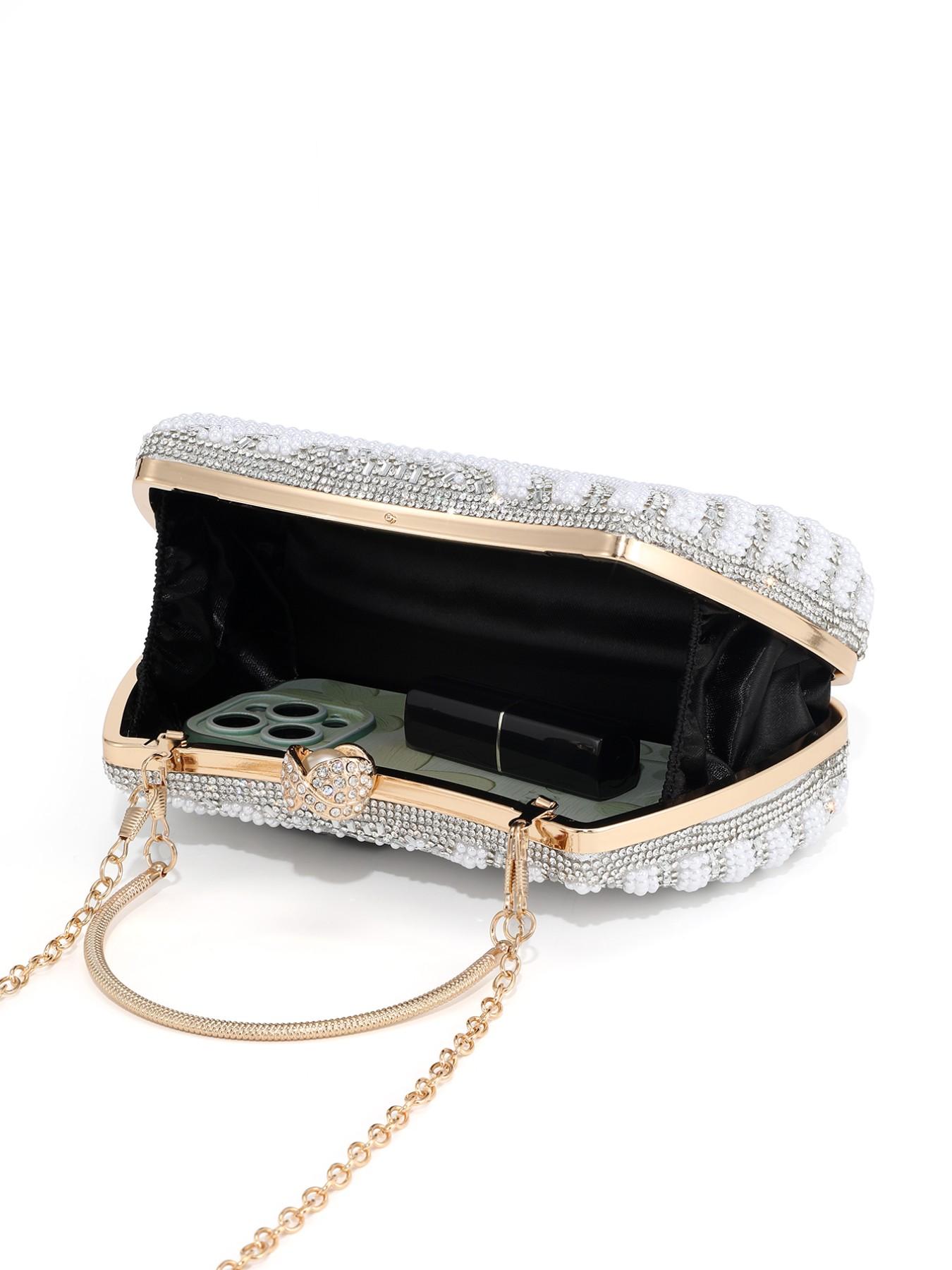 Elegant Pearl Rhinestone Handbag, Evening Party Wedding Bag, Sparkling Chain Design, Luxury Women's Clutch, Perfect for Special Occasions