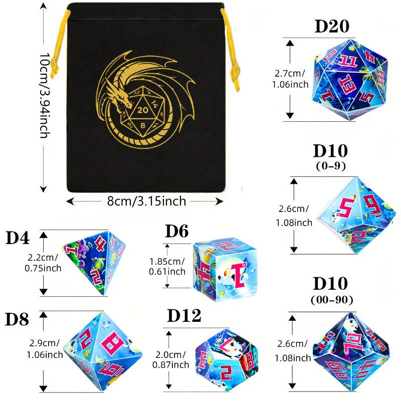 7-Piece Blue Underwater Dodecahedron Dice Set, Includes Storage Bag, Perfect for D&d, Rpg, and Tabletop Games Accessories