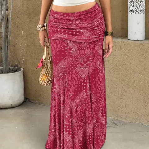 Women Boho Paisley Maxi Skirt High Waist Ruched Slim Fit Vintage Printed Long Skirt Flowing Stretch Soft Fabric Breathable Lightweight Casual Vacation Beach Holiday Party Date Daily Wear Chic Y2K Streetwear Fashion Essential Bohemian Beach Skirt