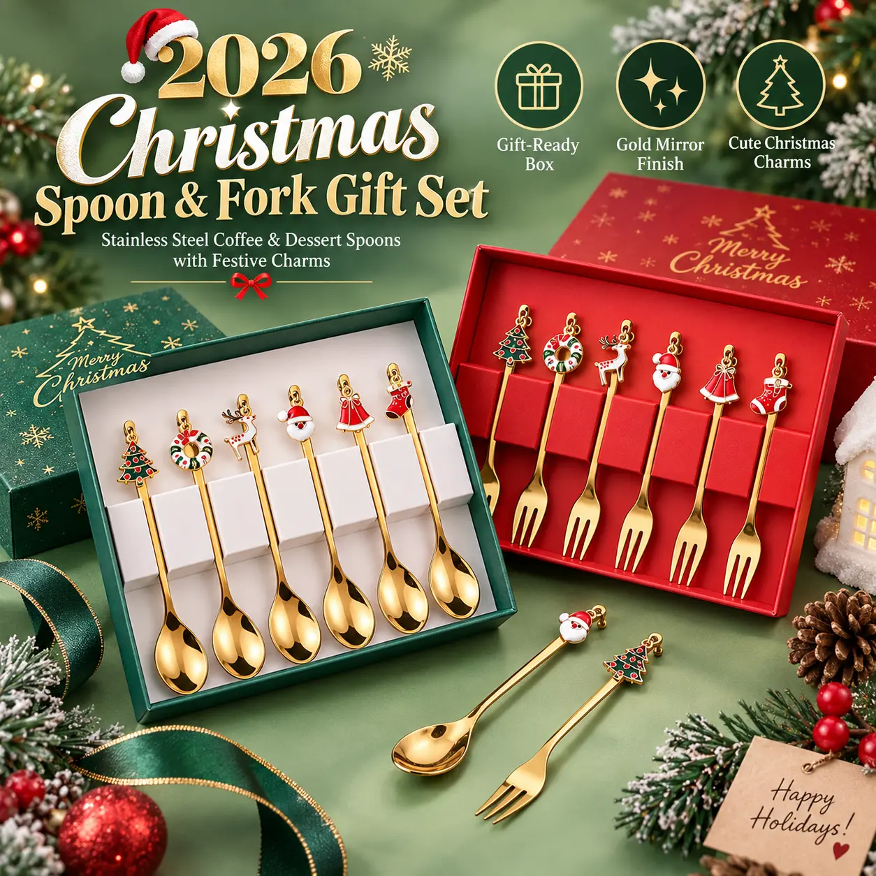 2026 stainless steel Christmas spoon high-value coffee spoon dessert spoon fork Christmas pendant spoon fork set gift spoon