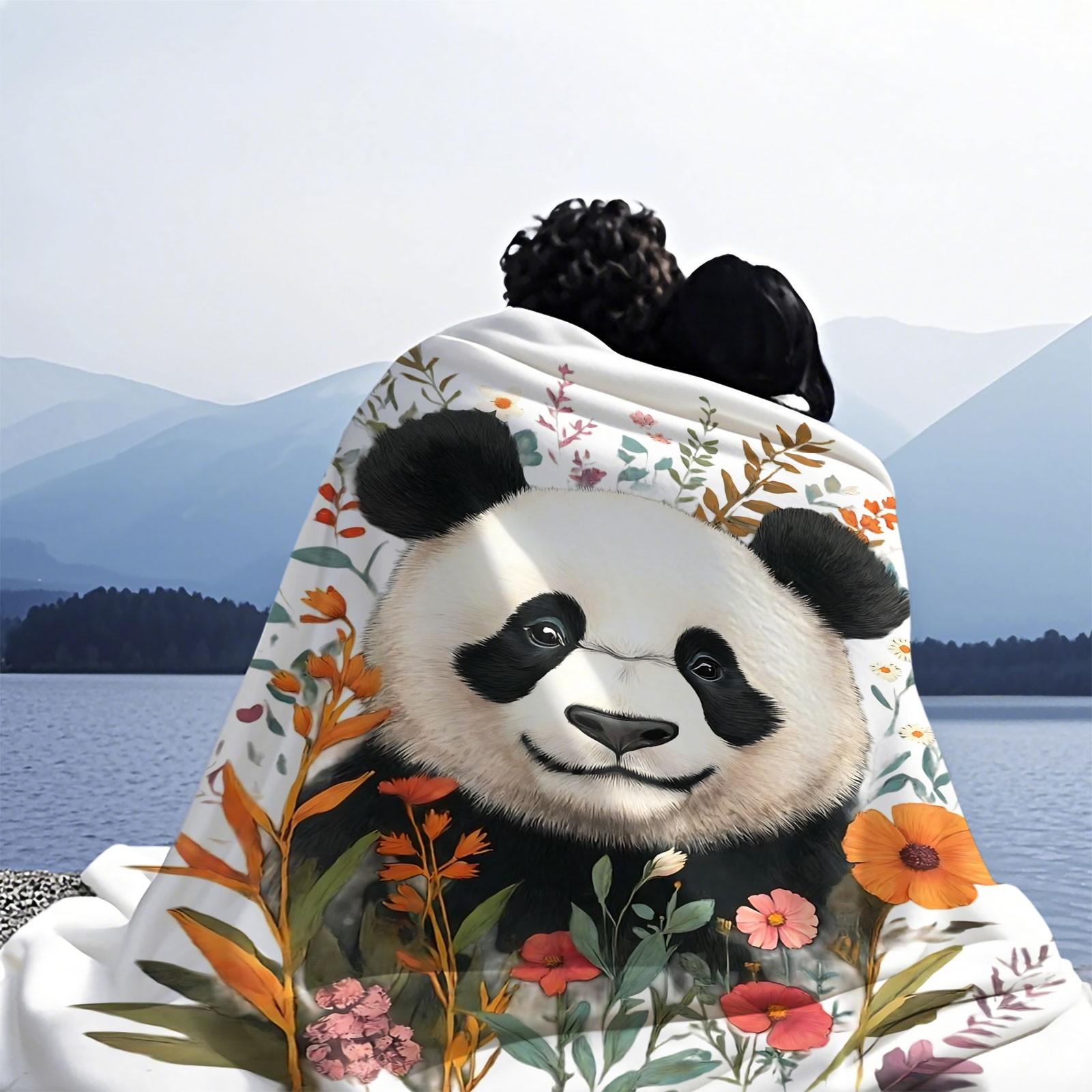 Boho Watercolor Panda Wildflower Flannel Blanket, Aesthetic Floral Animal Print Throw Blanket, Ultra Soft Cozy Warm Blanket, Stylish Gift Blanket for Panda Lovers, Couch, Bed & Home Decor