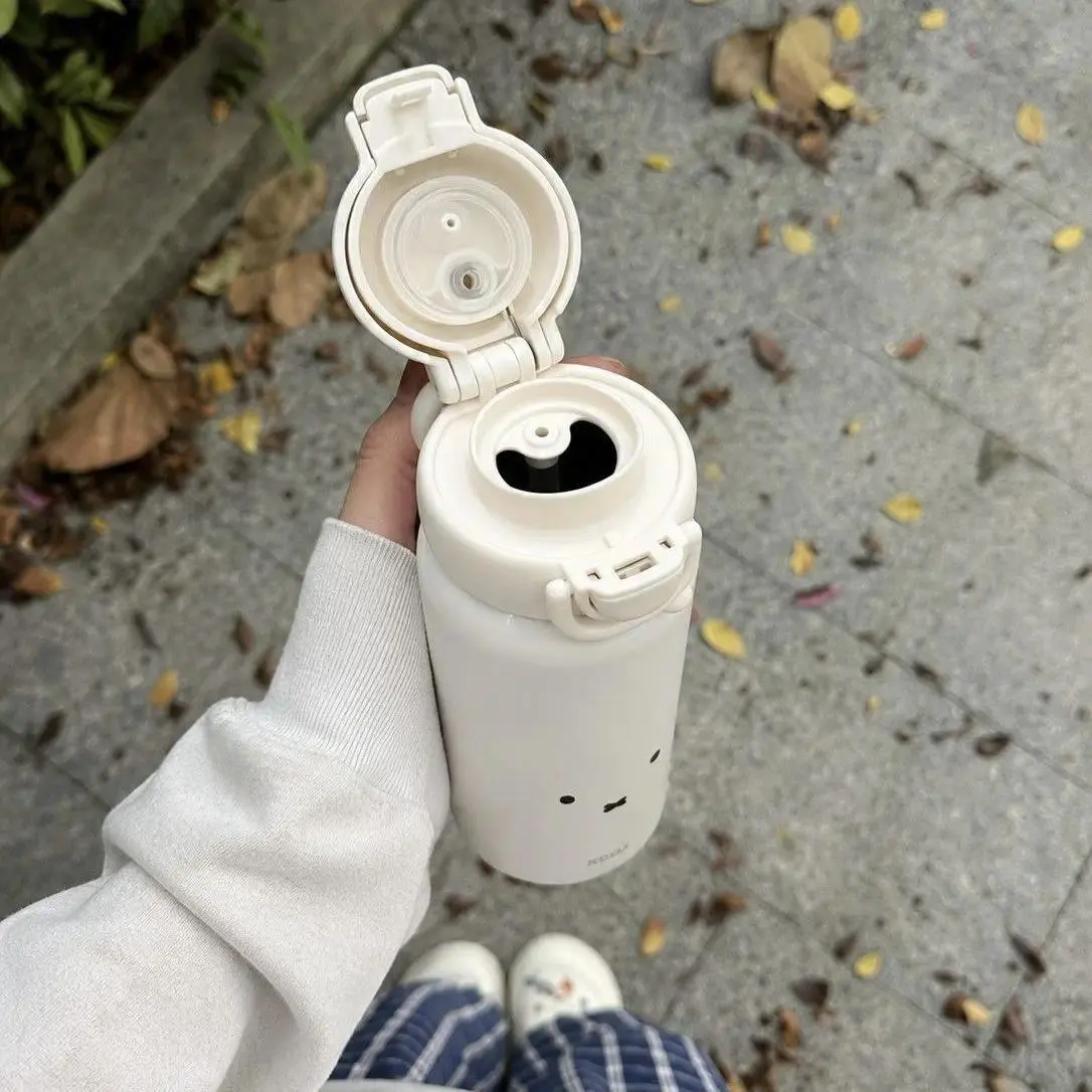 Kawaii Miffy Water Bottle Cute Cartoon Miffy Insulated Drinking Straw Cup Portable Trendy for Ins Double Drinking Cup Gift