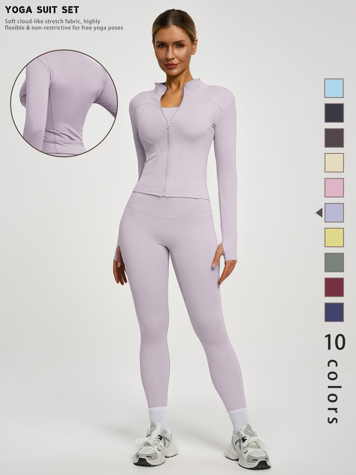 New Women's Solid Color Casual Fashion High-End Long Sleeve Quick-Dry Sports Set, Yoga Essential Jacket, Elastic Tight Yoga Pants, Activewear Clothing
