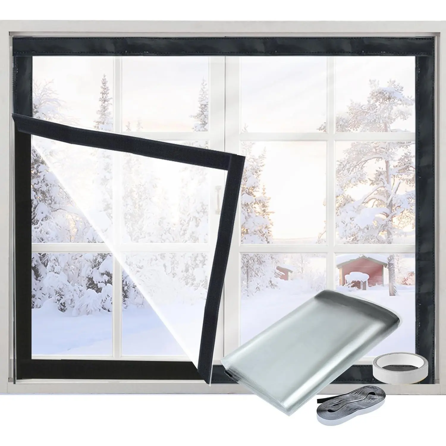 Window Insulation Kit for Winter Adjustable Plastic Insulated Window Cover Sealer Reusable Thermal Thicken Clear Insulation Wrap Transparent Film with Hook and Loop Tape for Winterizing 39'' x 63''