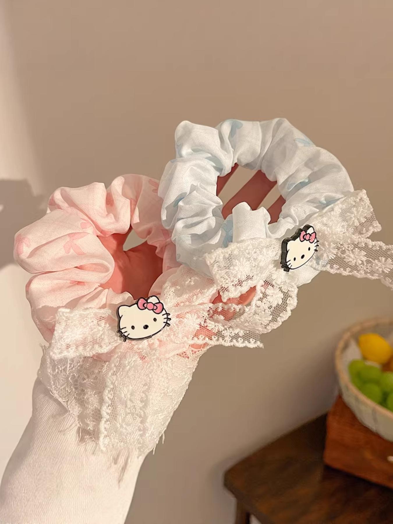 Two-Pack Lace Trim Kt Hair Ties, Cute Butterfly Knot Cartoon Girl Cat Ponytail Elastics, Daily Commute Party Gift Accessories