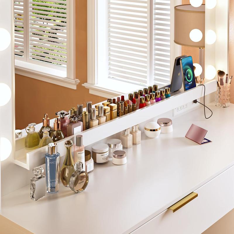 Makeup Vanity Desk with Large Mirror and 13 LED Lights, 39.3in Vanity Table with Power Outlet & 5 Drawers, 3 Lighting Color Adjustable, Vanity Desk for Bedroom and Dressing Room, violet