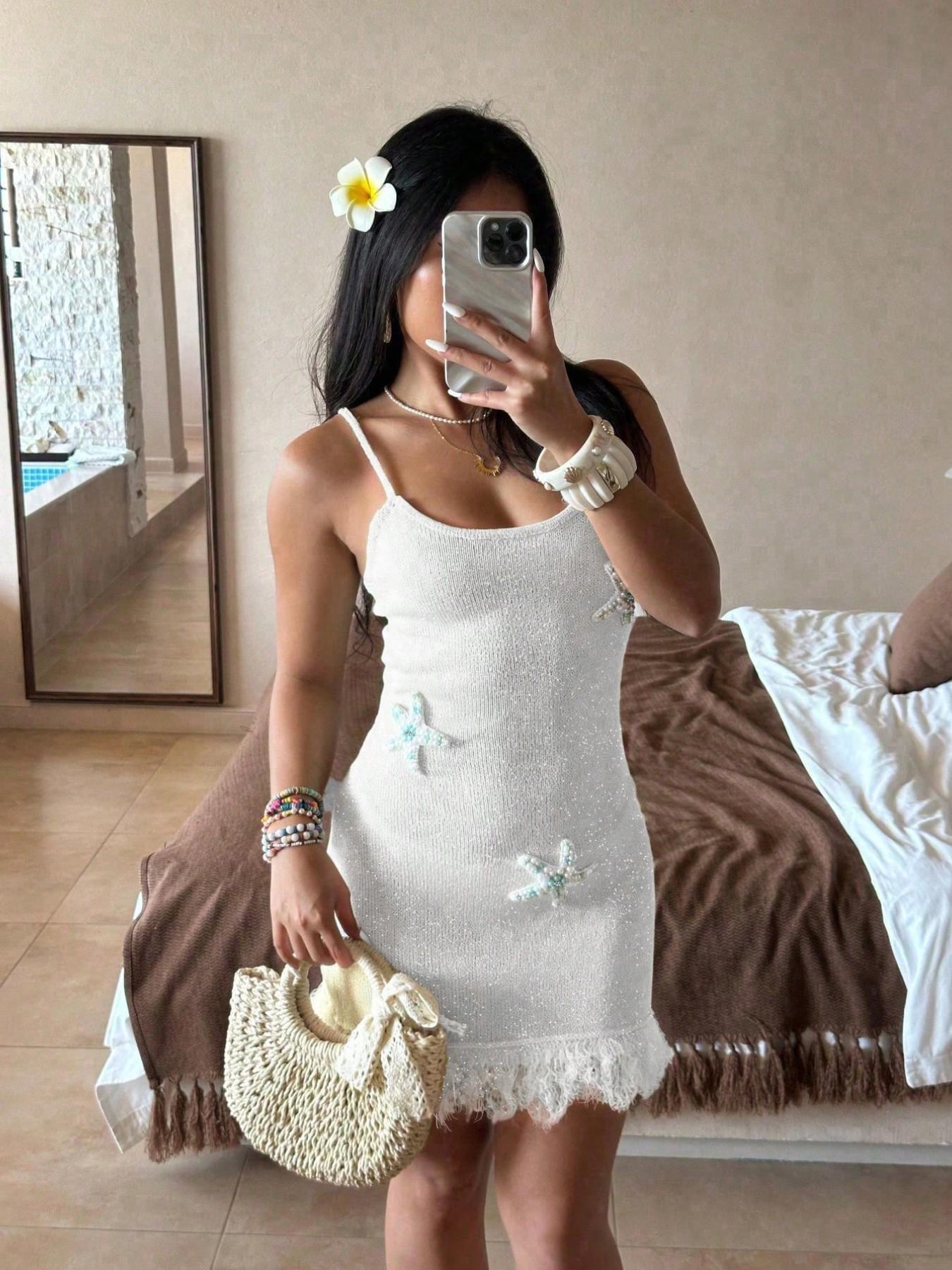 Women's White Knit Spaghetti Strap Cami Mini Dress, Starfish Beaded Fringe Hem Sparkly Bodycon Dress, Sleeveless Knitted Beach Dress, Soft Stretchy Fabric, Summer Vacation, Beachwear, Casual Party, Siren Dress, Knitwear for Women
