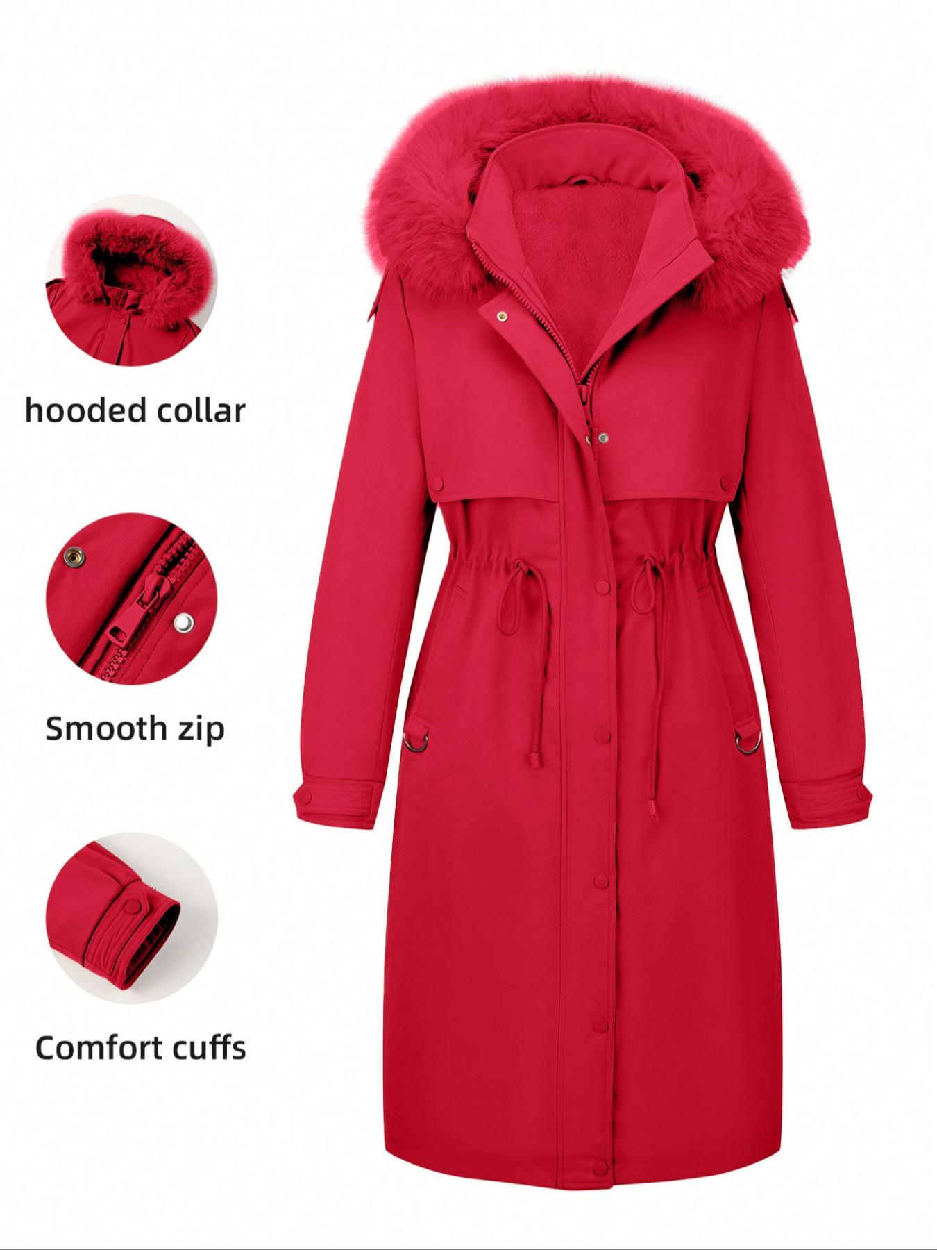 Women's Fall & Winter Faux Fur Hooded Coat, Long Drawstring Commuter Jacket, Casual Plain Design, Fitted Outerwear for Daily Wear