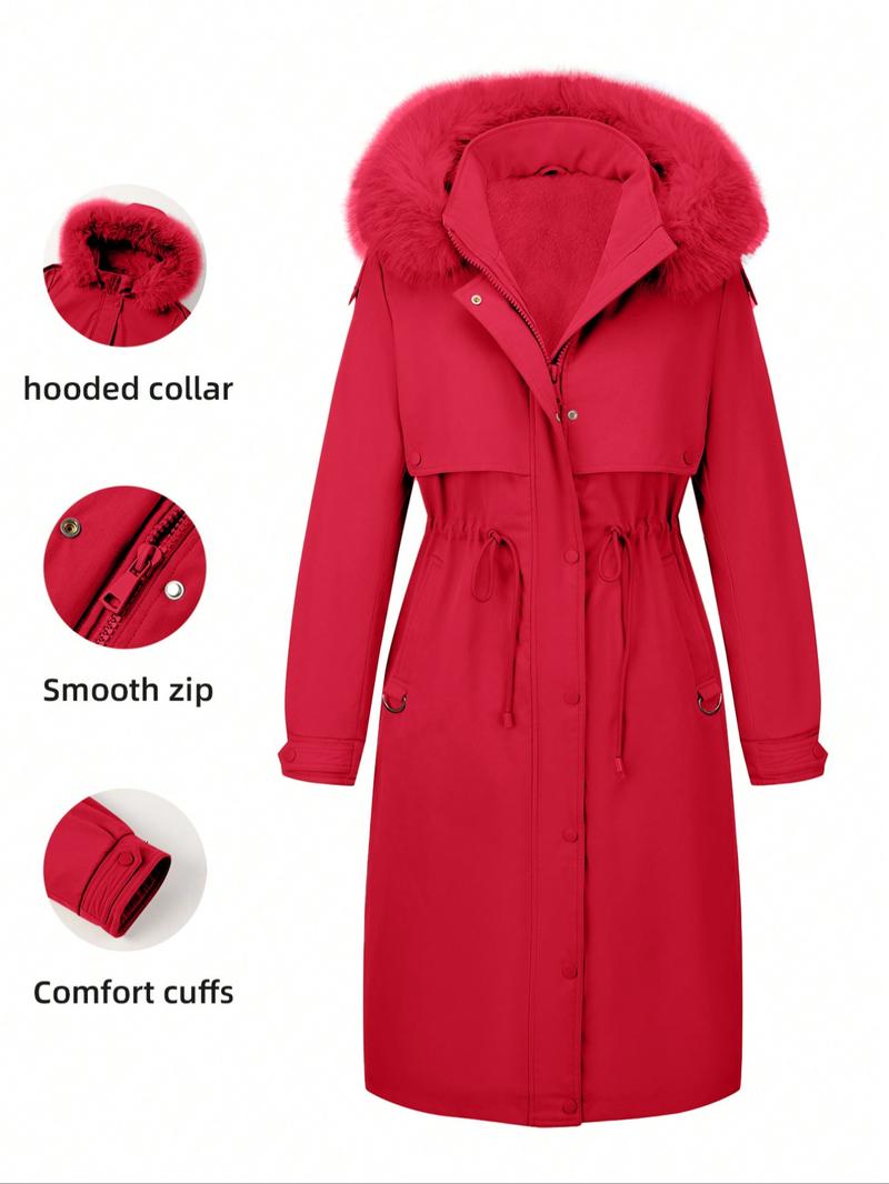 Women's Fall & Winter Faux Fur Hooded Coat, Long Drawstring Commuter Jacket, Casual Plain Design, Fitted Outerwear for Daily Wear