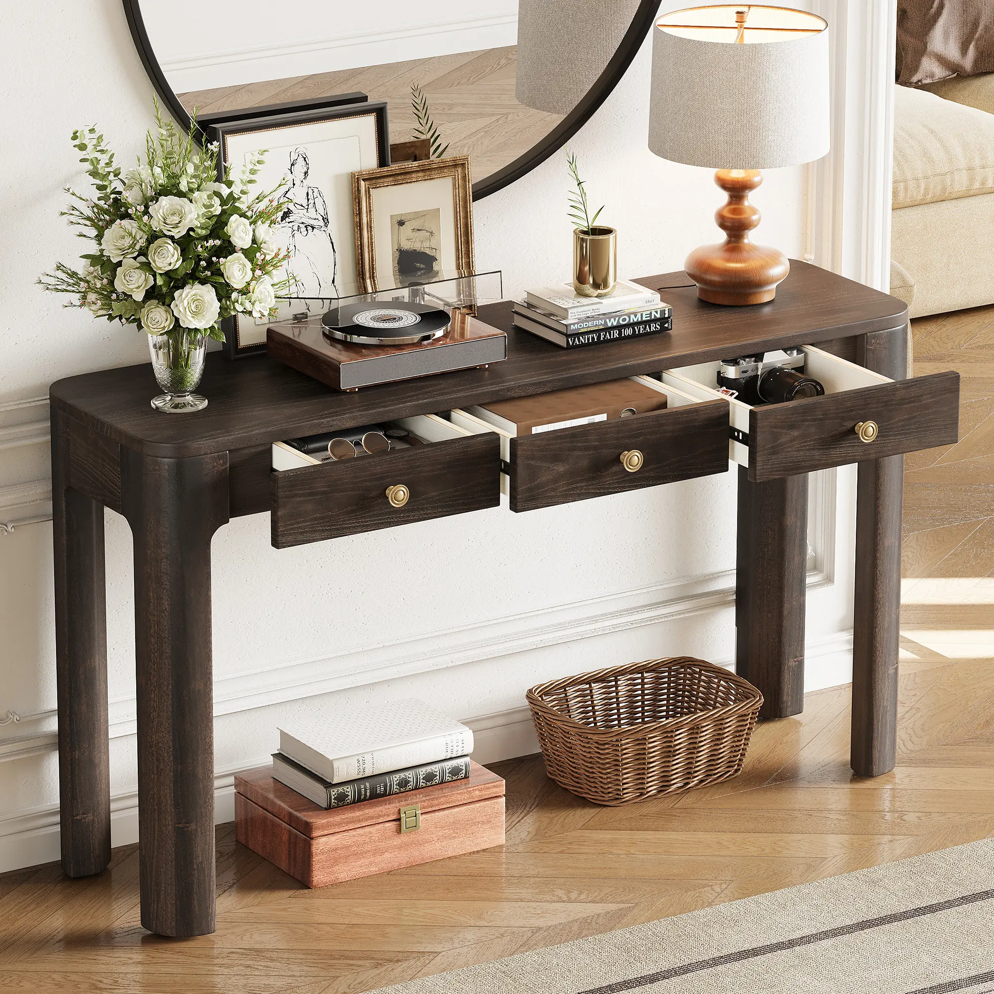 52" Rustic Console Table with 3 Drawers, Curved Corners and Ash Veneer Top, Entryway Sofa Table, Espresso, YATU Living