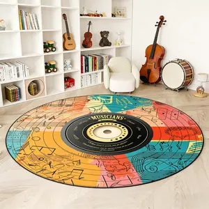 Vintage Vinyl Record Music Area Rug, Round Carpet with Note Patterns, Soft Non-Slip Washable Decorative Mat for Living Room & Bedroom