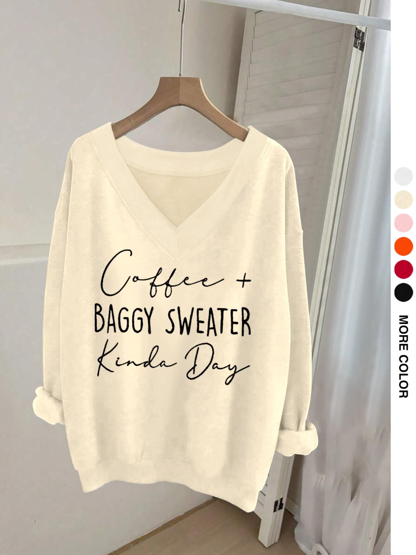 Casual Women's Long Sleeve V Neck Sweatshirt with Fun Letter Print, Elegant Ribbed Hem Fashion for All Seasons, Perfect for Fall and Winter, Lady Womenswear