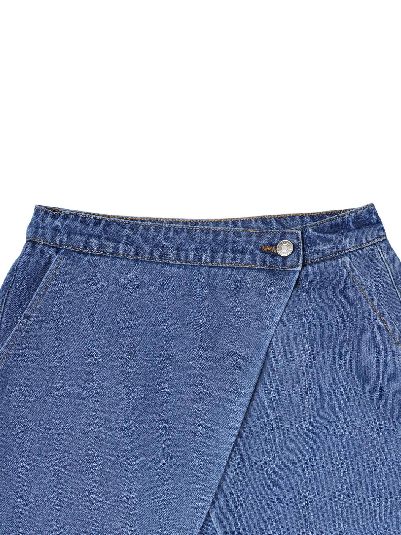 Lkuily Women's Medium Wash Crossover High Waisted Denim Wrap Over Cross Front Single Button High Waist Wide Leg Floor Length Jeans, Diagonal Stitch Drape Loose Hip Cover Long Straight Pants, Minimal Office Unique Design Casual Denim Trousers, Bottoms