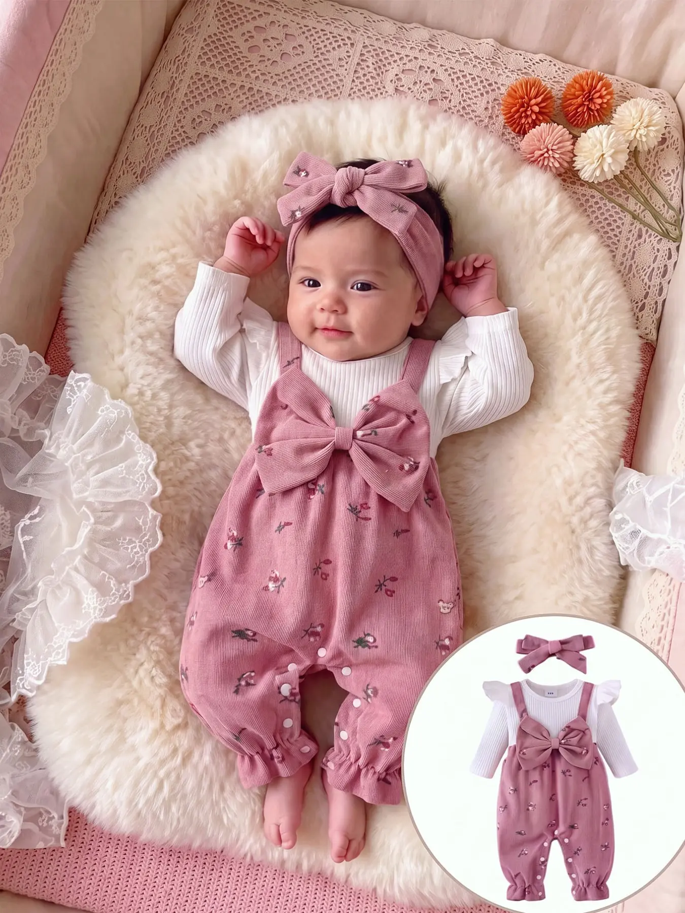 Baby Girl Spring Fall Boho Two-Piece Set, Solid Color Ruched Sleeveless Long Sleeve Patchwork Large Bow Floral Romper with Bow Hairband Baby Girl Clothes