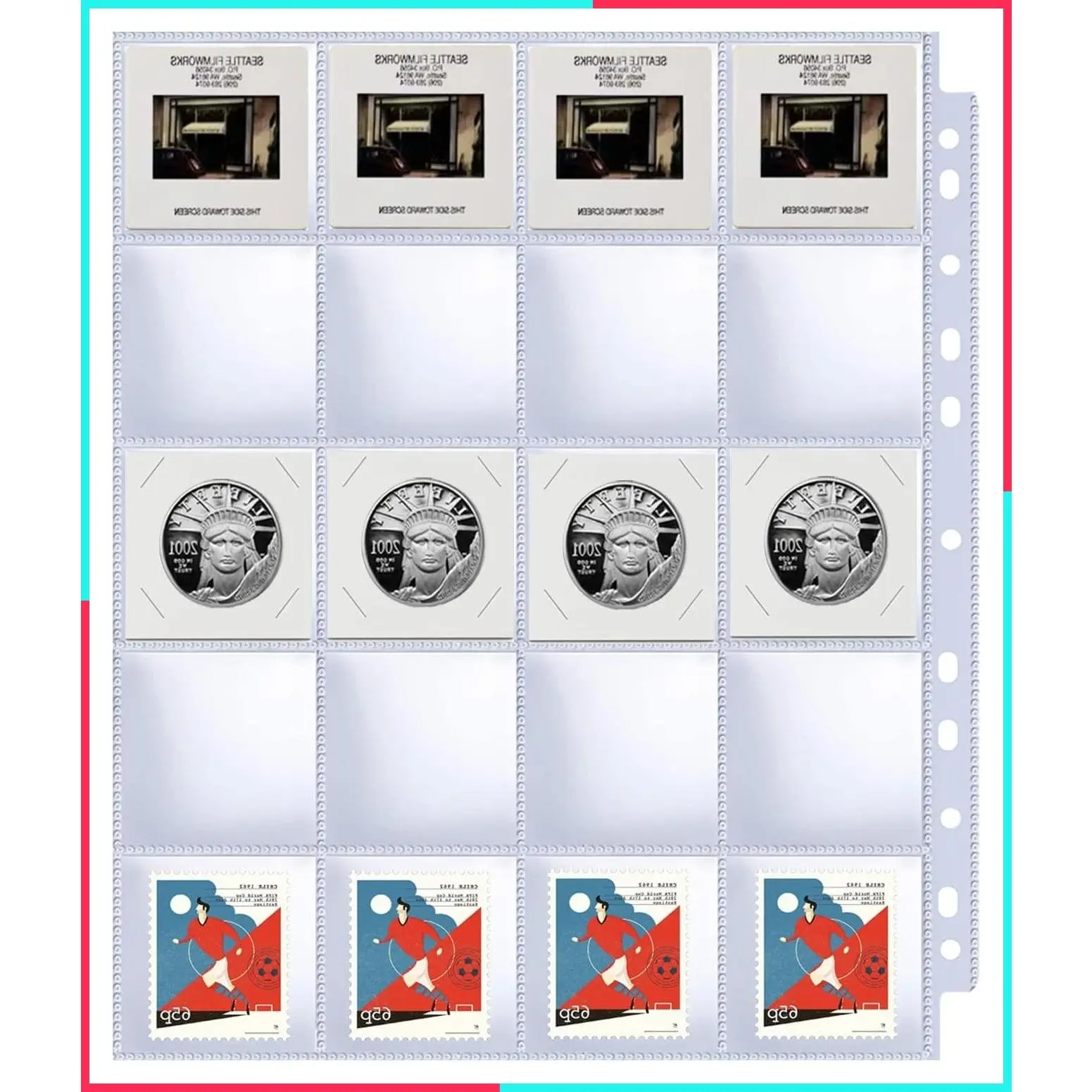 30 Pack 600 Pockets 2x2 Inch Clear Coin Flip Sleeves, Heavy Duty Cardboard Coin Holders for 3 Ring Binder, Top Loading 20 Pocket Photo Slide and Stamp Organizer Sheets