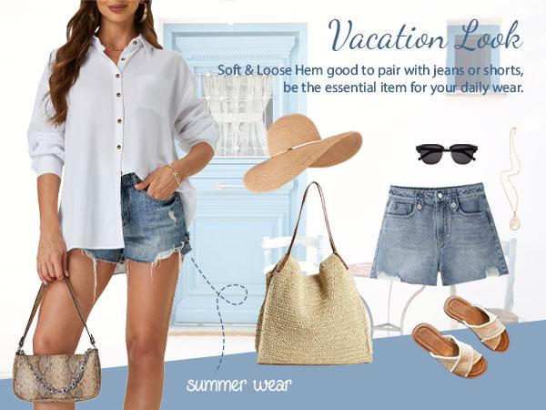 JEKAOYI Womens Oversized Casual 100% Cotton Button Down Long Sleeve Shirts V-neck Collared Work Summer Blouse Tops with Pockets SpringStatements