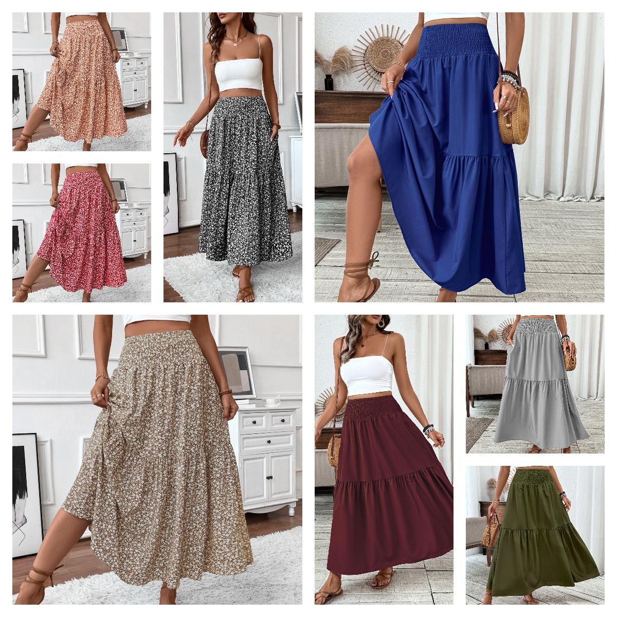 A-line long floral print midi skirt - autumn/spring premium patchwork women's skirt, Lady, Skirts