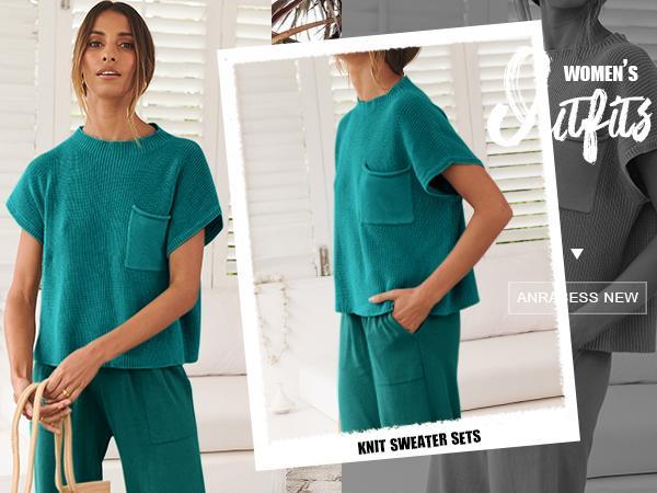 ANRABESS Women's Two Piece Outfits Knit Sweater Vest Crop Top Pants Lounge Matching Tracksuit Comfortable Sweatsuit Travel Clothes Sets