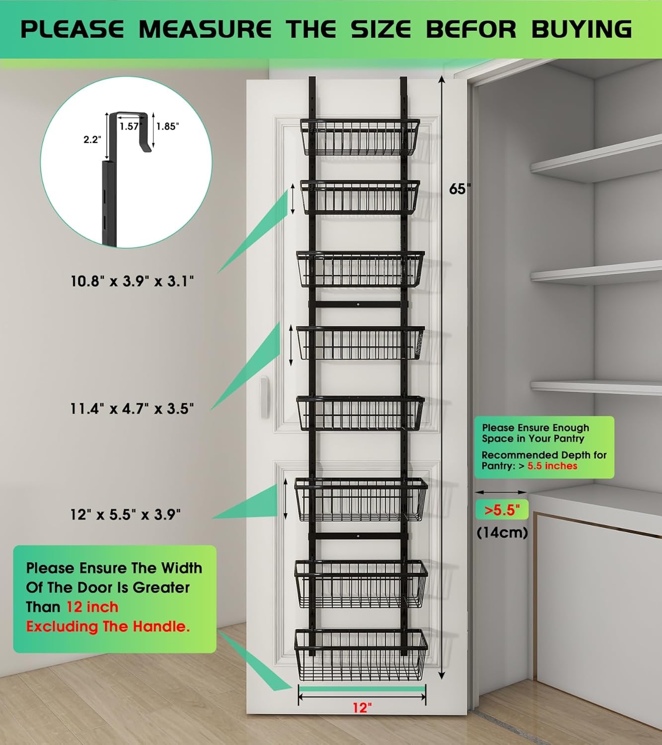 16 Inch Wide Narrow Over The Door Pantry Organizer, Pantry Organization and Storage, Black 8-Tier Metal Hanging Deep Basket Wall Spice Rack Seasoning Shelves, Home & Kitchen Essentials A