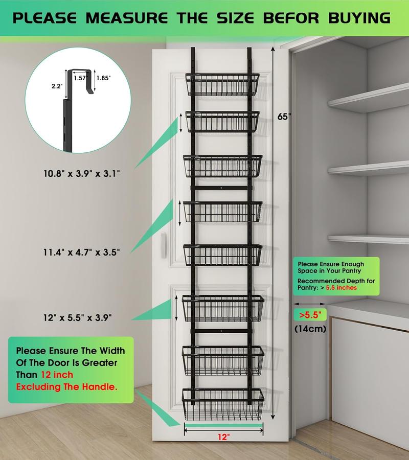 16 Inch Wide Narrow Over The Door Pantry Organizer, Pantry Organization and Storage, Black 8-Tier Metal Hanging Deep Basket Wall Spice Rack Seasoning Shelves, Home & Kitchen Essentials A