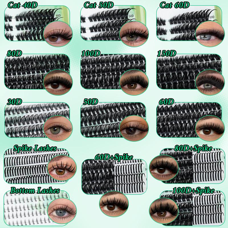 1915 PCS Lash Clusters Kit D Curl 11 Styles Cat/Volume/Spikes/Bottom Lashes Book Kit with Bond&Seal Lash Remover Brush Lash Applicator Headband Wristband set and Lash Shampoo&Brush, Perfect for Beginners&Proficient, DIY at Home Easily