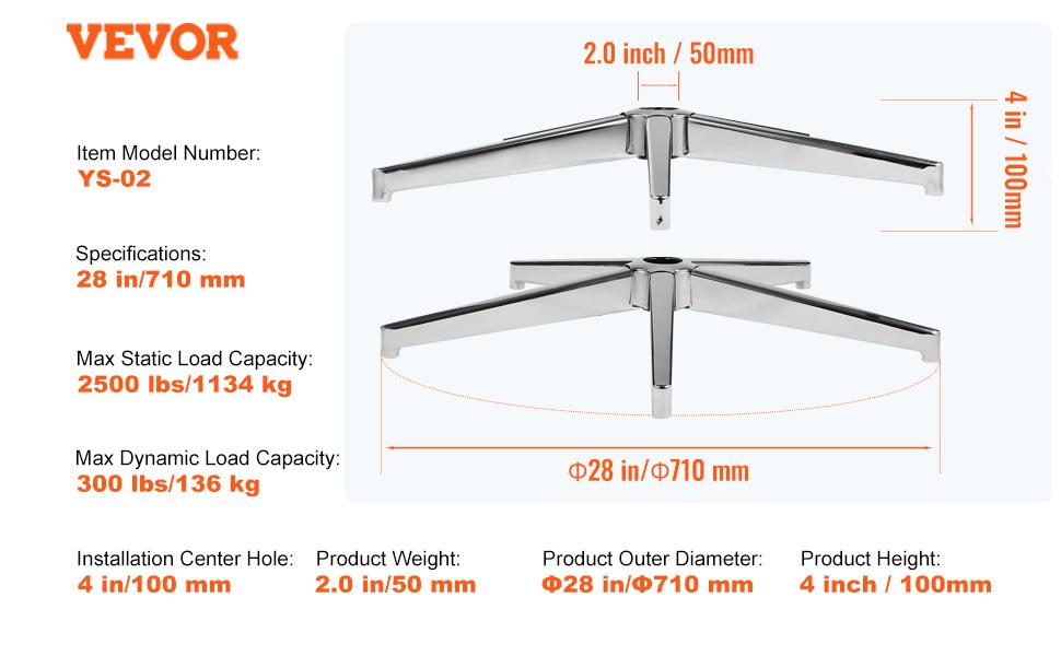 VEVOR Office Chair Base Replacement, 28, 2500 lbs Static Load Capacity, Heavy Duty Universal Computer Desk Chair Stool Base Part with Reinforced Metal Legs, Desk Chair Base Replacement Parts, Silver