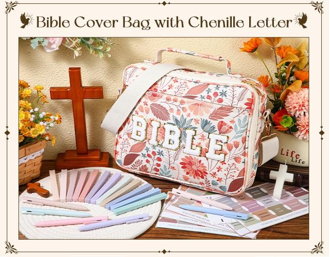 Valentine Gift Bible Bag for Women, Floral Bible Bag 12x9x2.5In Large Chenille Letter Bible Cover PU Leather Bible Case with Tabs Colored Pen Highlighters Tote Bag with Shoulder Strap, Bible Journaling kit for Church Christian Girls,Sunday Prayer Supplies