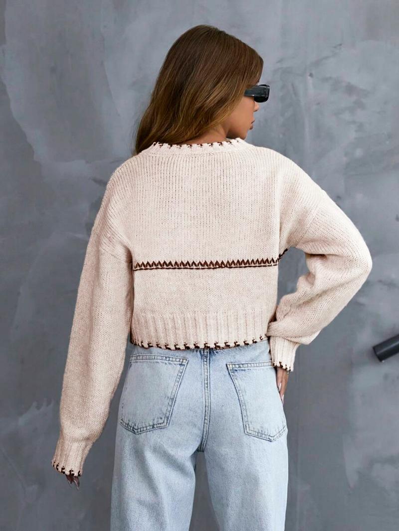 Women's Casual Colorblock Round Neck Drop Shoulder Long Sleeve Short Sweater Knitwear, Elegant Geometric Pattern, Spring & Fall Fashion