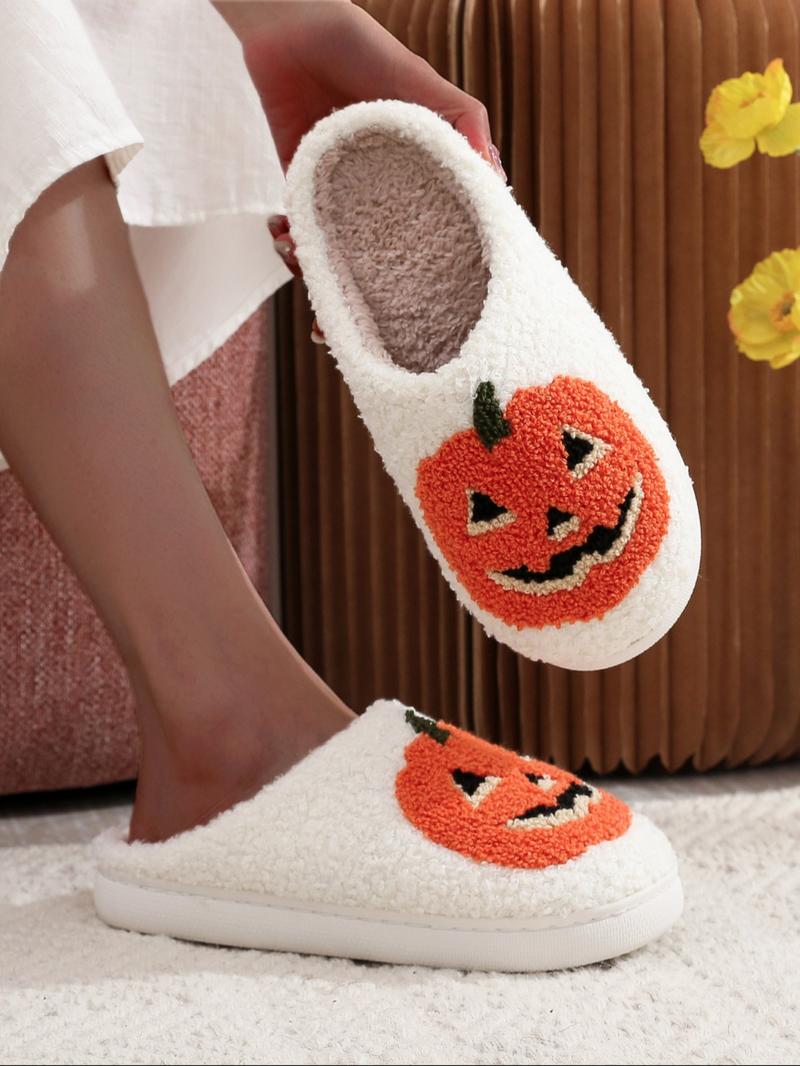 Women's Cartoon Pumpkin Pattern White Slippers, Casual Soft Comfortable Home Slippers, Warm Lightweight Slipper for Indoor & Outdoor Useas Birthday Gifts Halloween, Girl, Footwear