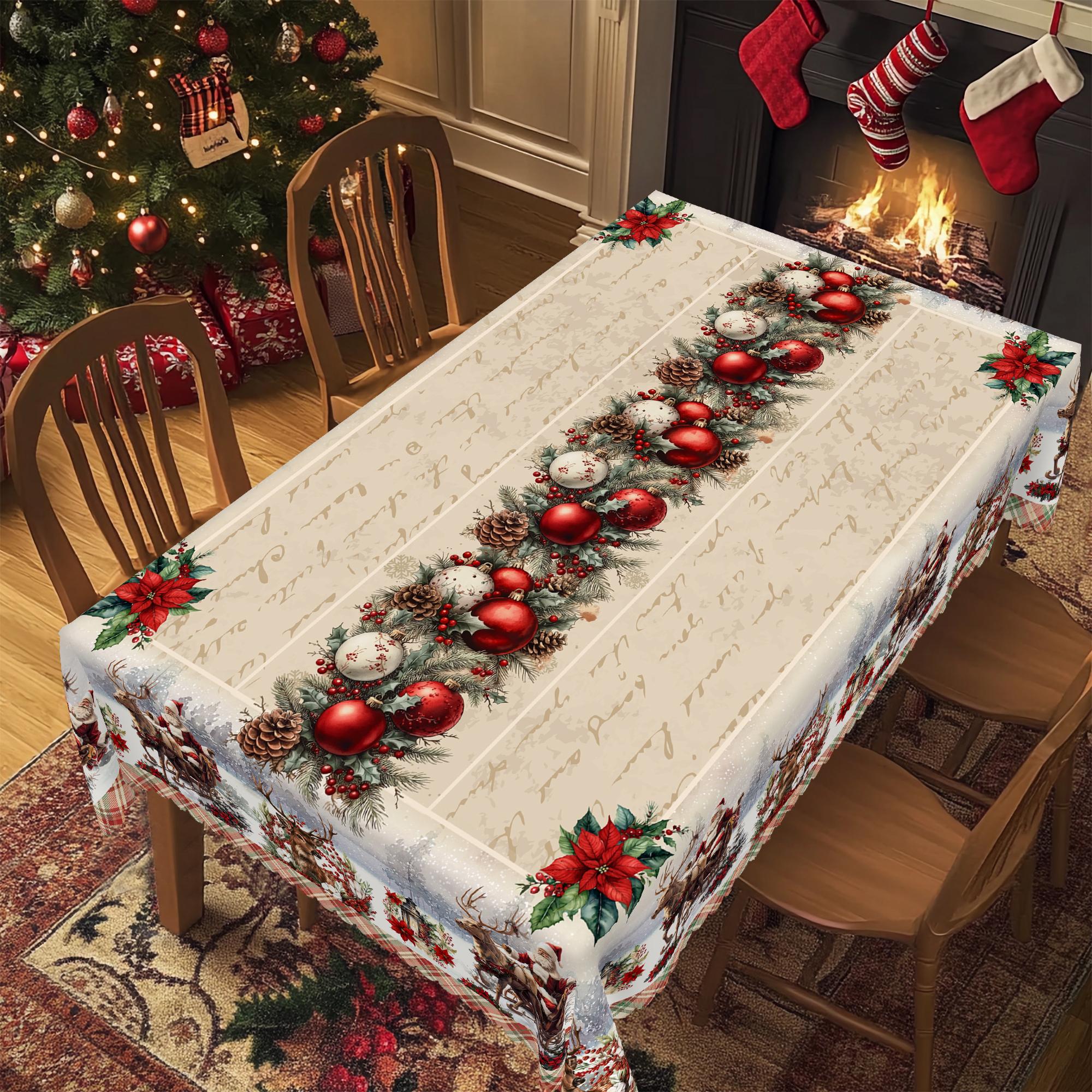 PLUMLIK Vintage Christmas Tablecloth with Santa Claus, Reindeer Patterns, Christmas Decor 2025, Christmas Party Decoration for Indoor&Outdoor, Golden Round Rectangular Table Cloth, Holiday Home kitchen Festive Decor, Christmas Gifts Dinnerware Celebration