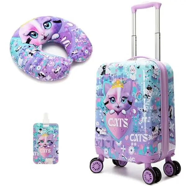 Kids Spinner Luggage Set Girls Hard Shell Suitcase with Travel Neck Pillow Luggage Tag Cute Cat Theme Trolley Case
