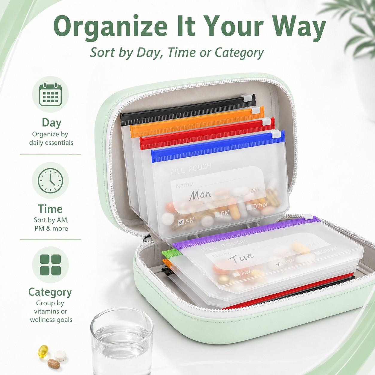 Waterproof Pill Organizer and Pouch Set, Travel Medicine Organizer with 14 Color-Coded Pouches, Leakproof Reusable Zippered Storage Case, Compact Daily Pill Holder, Portable Vitamin Organizer